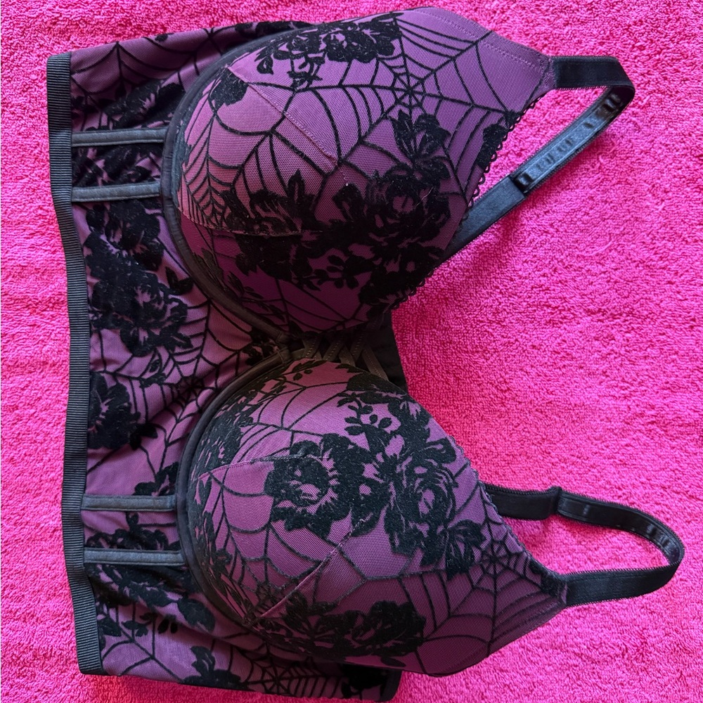 torrid Purple Halloween themed Purple Bra with Black Web and Floral Lace Overlay